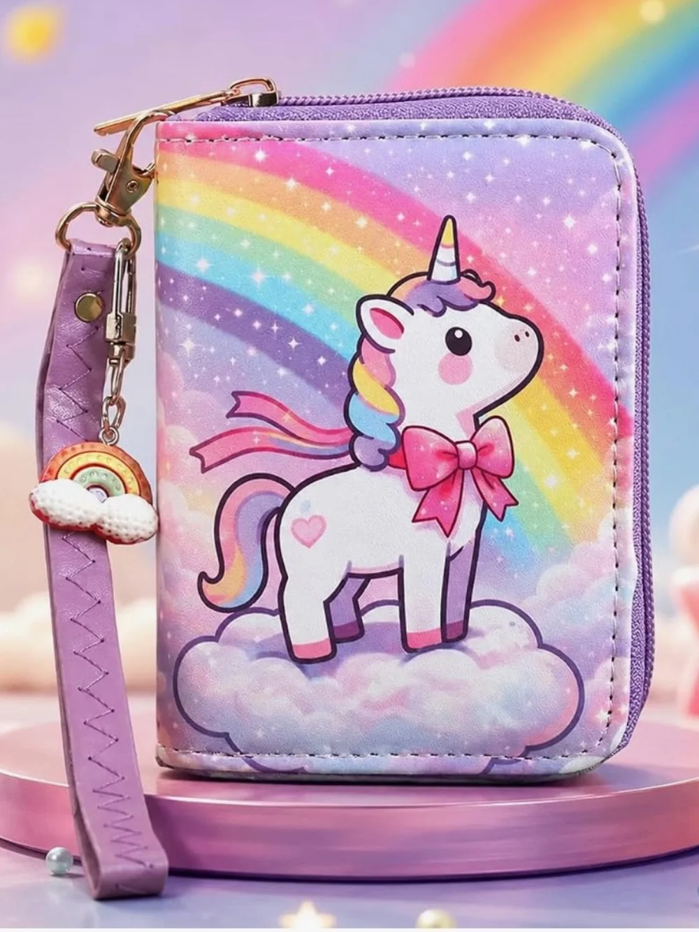 Purple Kids Unicorn Wallet with Rainbow Charm - Cute Wristlet